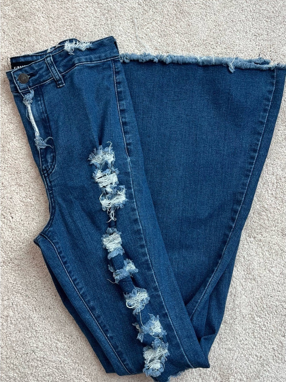 Almost Famous Dark Wash Distressed Flare Jeans Size 9 Ripped Raw Hem Bell Bottom